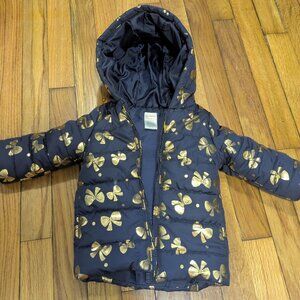 Navy Hooded Puffer Jacket with Gold Bows 6 -12 mo